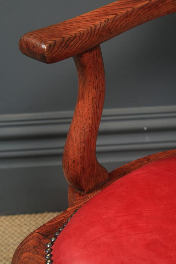 Antique English Edwardian Oak & Crimson Red Leather Revolving Office Desk Arm Chair (Circa 1910)