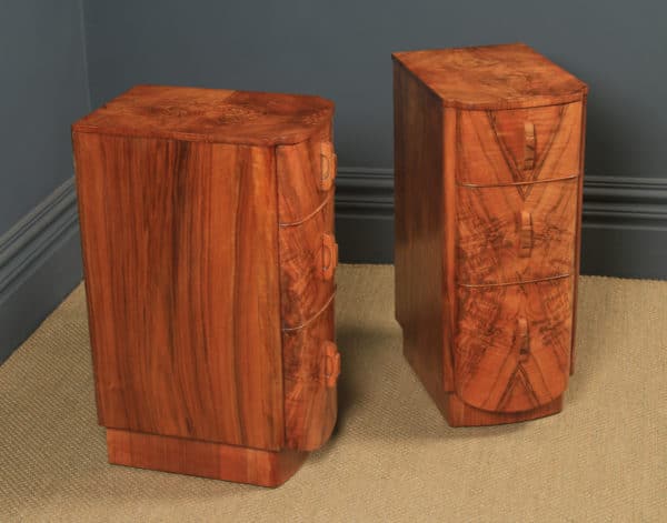 Antique English Pair of Art Deco Figured Walnut Bow Front Bedside Chests Tables Nightstands (Circa 1930)