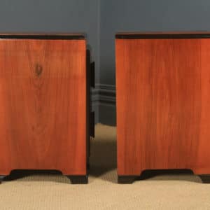 Antique English Pair of Art Deco Figured Walnut Bedside Chests Tables Nightstands (Circa 1930)