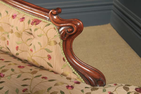 Antique English Victorian Mahogany Upholstered Chaise Longue Sofa Couch (Circa 1850)