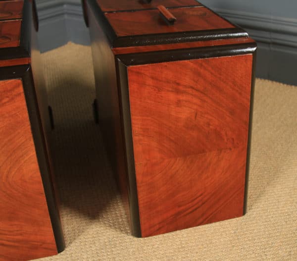 Antique English Pair of Art Deco Figured Walnut Bedside Chests Tables Nightstands (Circa 1930)