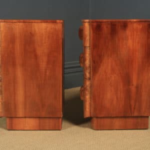 Antique English Pair of Art Deco Figured Walnut Bow Front Bedside Chests Tables Nightstands (Circa 1930)