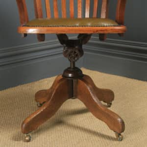 Antique English Edwardian Oak & Green Leather Revolving Office Desk Arm Chair (Circa 1910)