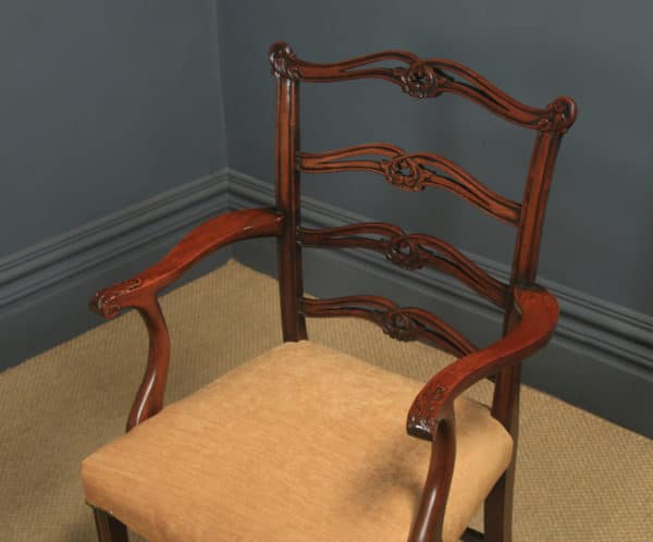 Antique Set of Eight 8 English Georgian Chippendale Style Ribbon Back Mahogany Dining Chairs (Circa 1880)