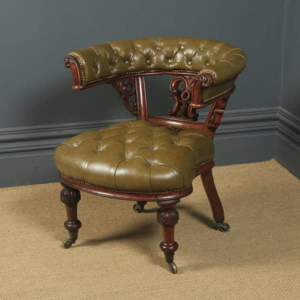 Antique English Victorian Oak & Green Leather Office Desk Arm Chair (Circa 1860)