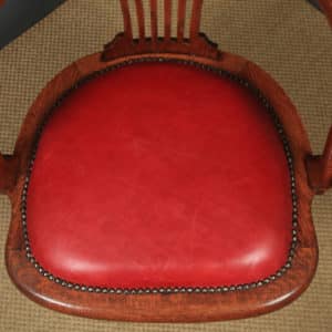 Antique English Edwardian Oak & Crimson Red Leather Revolving Office Desk Arm Chair (Circa 1910)