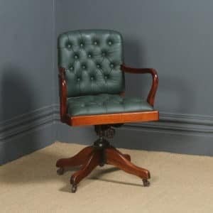 Antique English George V Mahogany & Green Leather Upholstered Revolving Office Desk Arm Chair (Circa 1920)