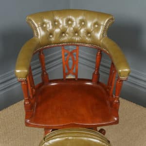 Antique English Victorian Aesthetic Mahogany & Green Leather Revolving Office Desk Arm Chair (Circa 1880)