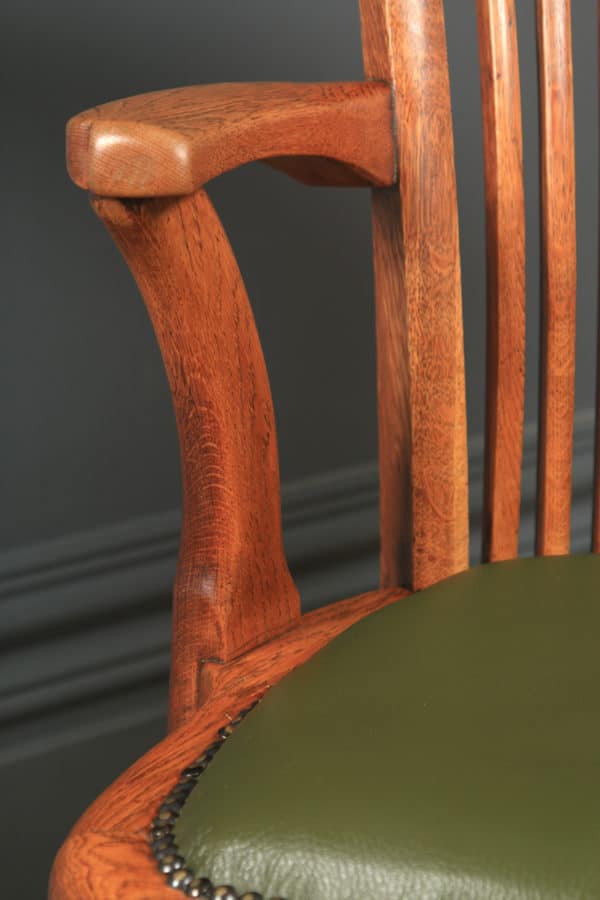 Antique English Edwardian Oak & Green Leather Revolving Office Desk Arm Chair (Circa 1910)