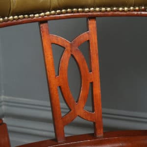 Antique English Victorian Aesthetic Mahogany & Green Leather Revolving Office Desk Arm Chair (Circa 1880)