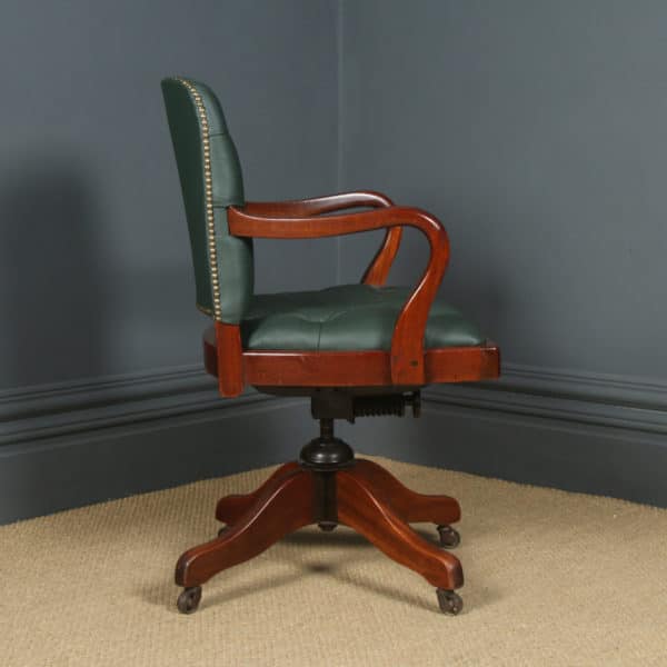 Antique English George V Mahogany & Green Leather Upholstered Revolving Office Desk Arm Chair (Circa 1920)