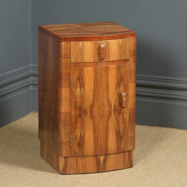 Antique English Single Art Deco Walnut Bow Front Bedside Cupboard Cabinet Table Nightstand (Circa 1930)