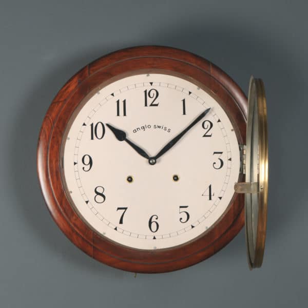 Antique 16" Mahogany Anglo Swiss Railway Station / School Round Dial Wall Clock (Chiming)