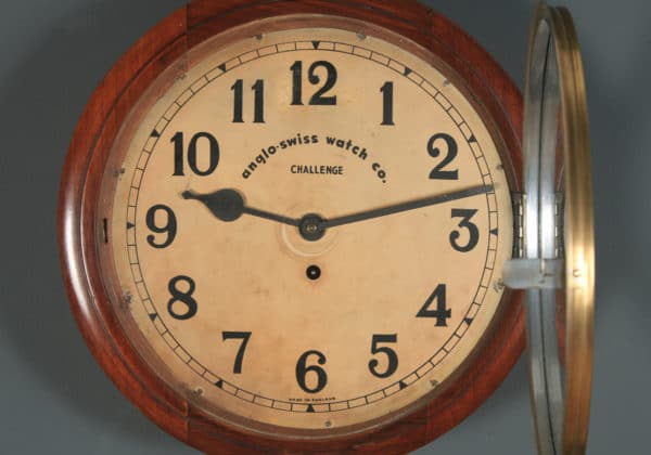 Antique 16" Mahogany Anglo Swiss Challenge Railway Station / School Round Dial Wall Clock (Timepiece)
