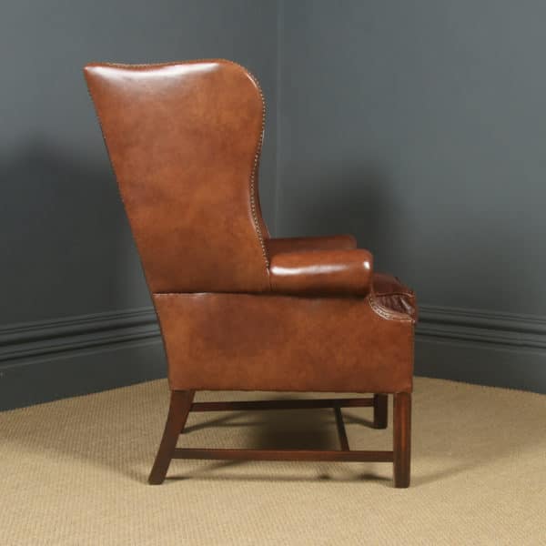 Antique English Georgian Style Brown Leather Mahogany Wing Chair / Armchair (Circa 1920)