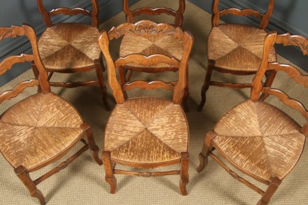 Antique French Set of 6 Six Louis XV Style Oak Ladder Back Rush Seat Kitchen Dining Chairs (Circa 1920)