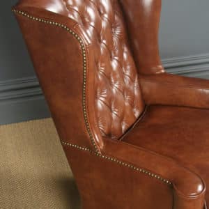 Antique English Queen Anne Style Brown Leather Walnut Wing Chair / Armchair (Circa 1910)