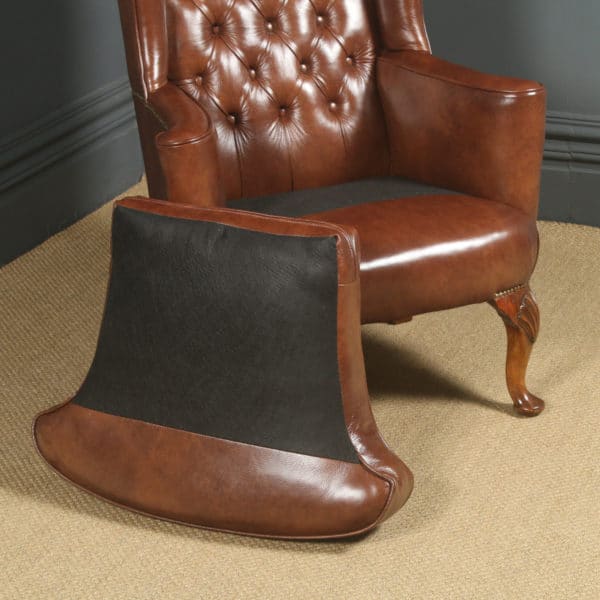 Antique English Queen Anne Style Brown Leather Walnut Wing Chair / Armchair (Circa 1910)