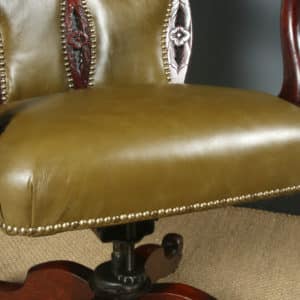 Antique English Edwardian Mahogany & Green Leather Upholstered Revolving Office Desk Arm Chair (Circa 1910)