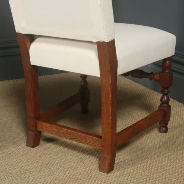 Antique English 17th Century Jacobean Style Set of Ten 10 Oak Upholstered Dining Chairs (Circa 1930)