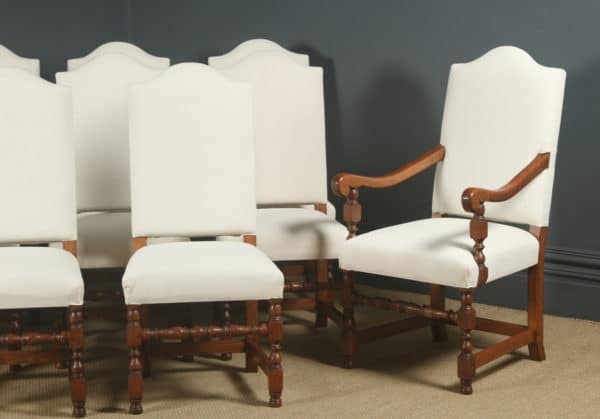 Antique English 17th Century Jacobean Style Set of Ten 10 Oak Upholstered Dining Chairs (Circa 1930)