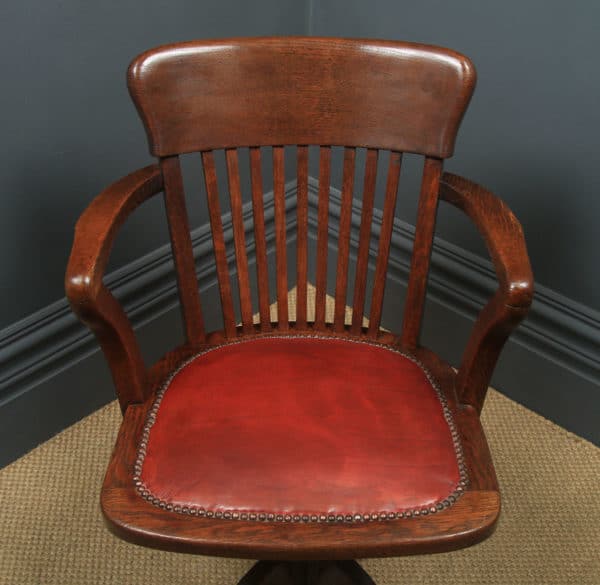 Antique English Edwardian Oak & Red Leather Revolving Office Desk Arm Chair (Circa 1910) - Photo 8