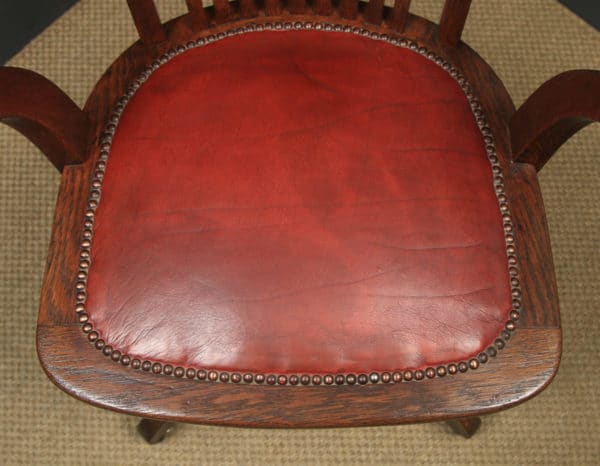 Antique English Edwardian Oak & Red Leather Revolving Office Desk Arm Chair (Circa 1910) - Photo 10