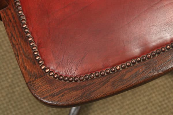 Antique English Edwardian Oak & Red Leather Revolving Office Desk Arm Chair (Circa 1910) - Photo 12
