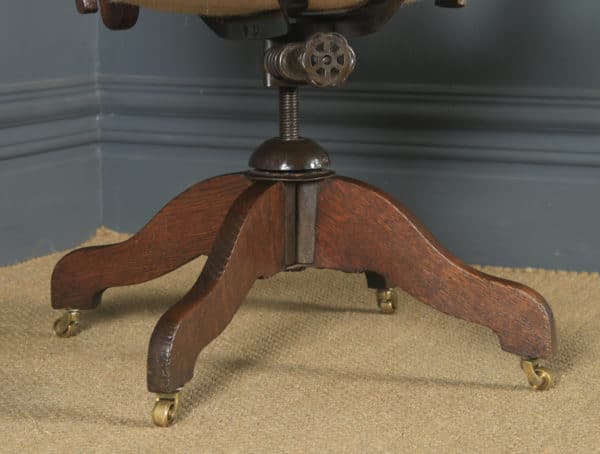 Antique English Edwardian Oak & Red Leather Revolving Office Desk Arm Chair (Circa 1910) - Photo 13