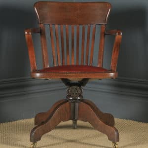 Antique English Edwardian Oak & Red Leather Revolving Office Desk Arm Chair (Circa 1910) - Photo 16