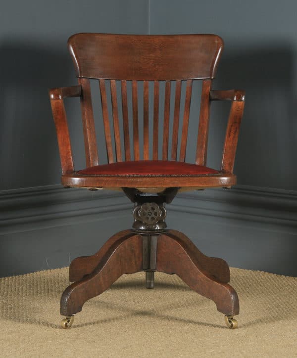Antique English Edwardian Oak & Red Leather Revolving Office Desk Arm Chair (Circa 1910) - Photo 16