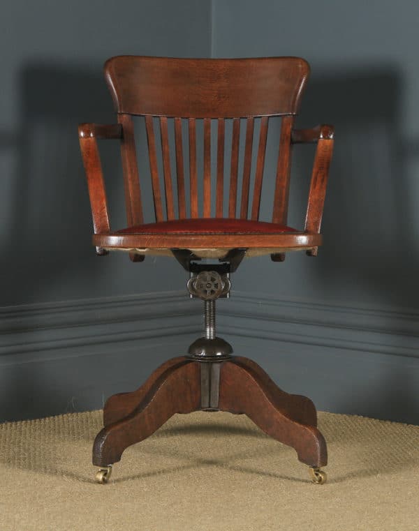 Antique English Edwardian Oak & Red Leather Revolving Office Desk Arm Chair (Circa 1910) - Photo 1