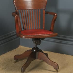 Antique English Edwardian Oak & Red Leather Revolving Office Desk Arm Chair (Circa 1910) - Photo 2