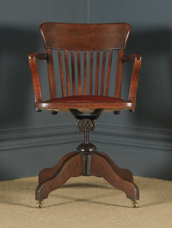 Antique English Edwardian Oak & Red Leather Revolving Office Desk Arm Chair (Circa 1910) - Photo 3