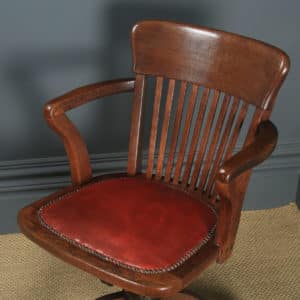 Antique English Edwardian Oak & Red Leather Revolving Office Desk Arm Chair (Circa 1910) - Photo 4