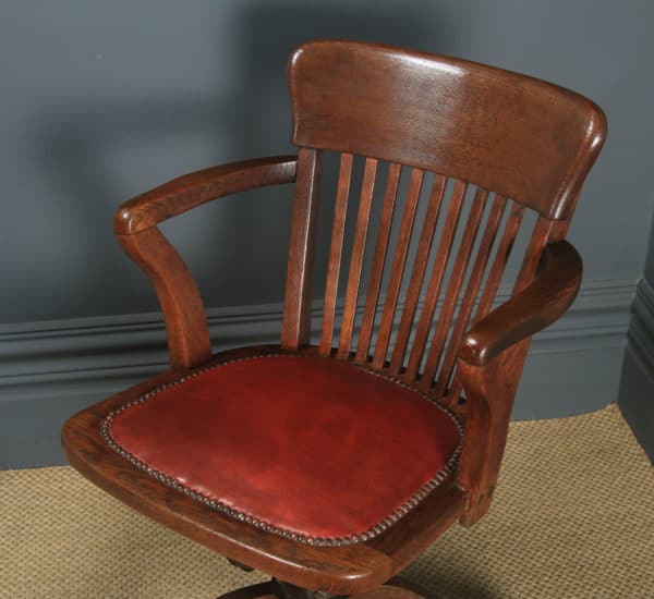 Antique English Edwardian Oak & Red Leather Revolving Office Desk Arm Chair (Circa 1910) - Photo 4