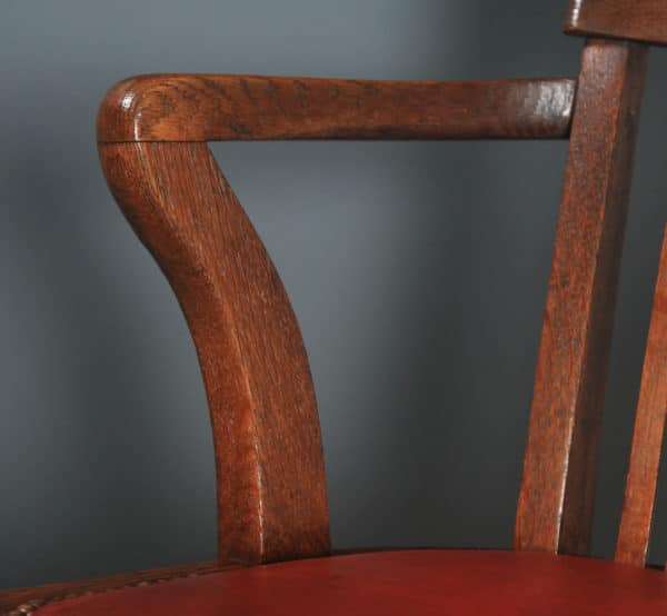 Antique English Edwardian Oak & Red Leather Revolving Office Desk Arm Chair (Circa 1910) - Photo 6