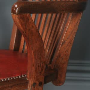Antique English Edwardian Oak & Red Leather Revolving Office Desk Arm Chair (Circa 1910) - Photo 7