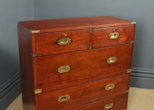 Antique English Victorian Teak & Brass Military Campaign Chest of Drawers (Circa 1870)