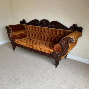 Antique English William IV Mahogany Upholstered Double Scroll End Sofa Couch (Circa 1835)