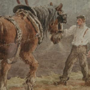 Antique English Victorian Watercolour Painting Picture of Working Farm Horses by Walter Henry Pigott (Circa 1882)