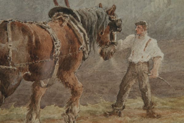 Antique English Victorian Watercolour Painting Picture of Working Farm Horses by Walter Henry Pigott (Circa 1882)