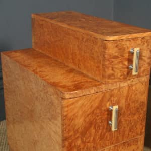 Antique English Pair of Art Deco Birds Eye Skyscraper Bedside Chests Tables Nightstands (Circa 1930)