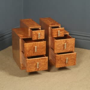 Antique English Pair of Art Deco Birds Eye Skyscraper Bedside Chests Tables Nightstands (Circa 1930)
