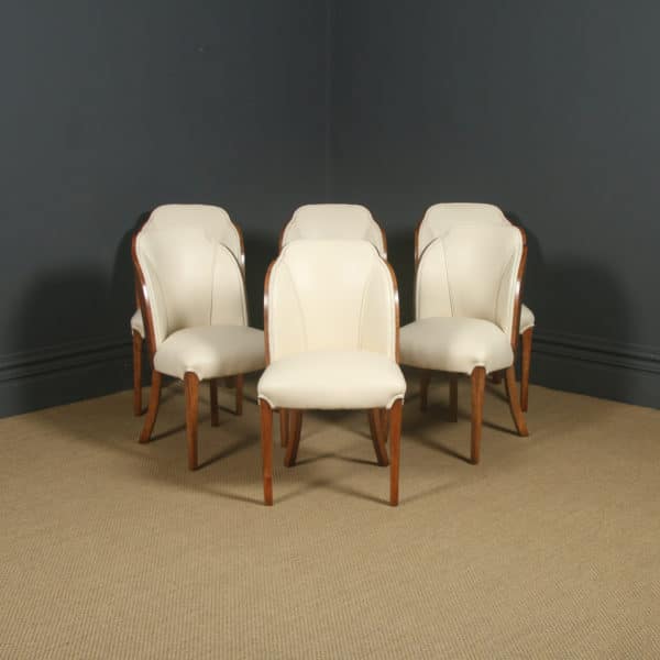 Antique English Art Deco Epstein Six Leather Walnut Cloud Shape Dining Chairs (Circa 1930)