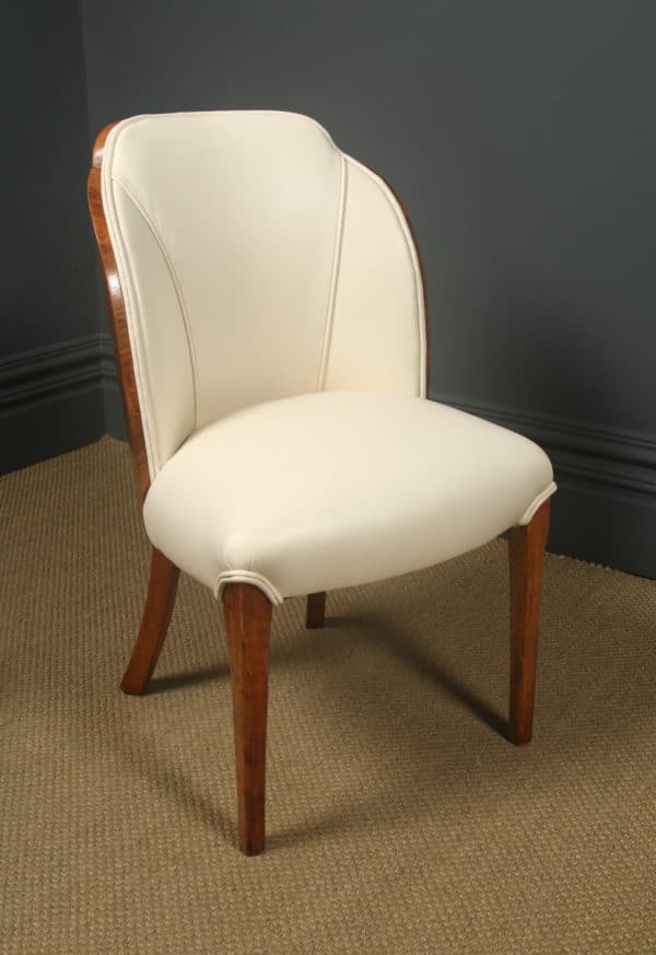 Antique English Art Deco Epstein Six Leather Walnut Cloud Shape Dining Chairs (Circa 1930)