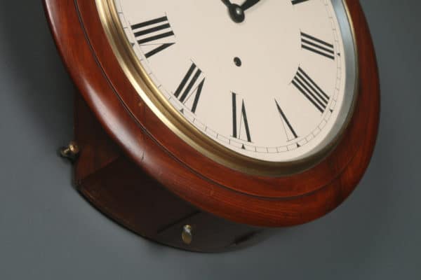 Antique 16" Mahogany Anglo Swiss Railway Station / School Round Dial Wall Clock (Timepiece)