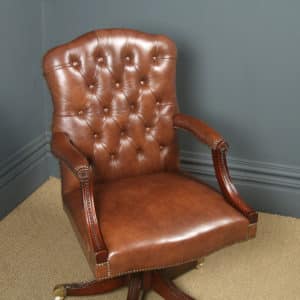 Vintage English Georgian Gainsborough Style Mahogany & Leather Revolving Office Desk Arm Chair (Circa 1980)