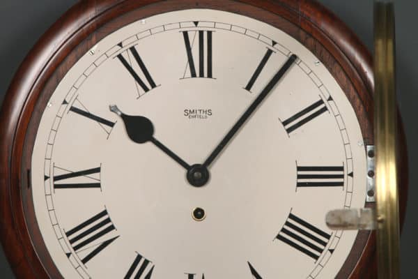 Antique 15" Mahogany Smiths Enfield Railway Station / School Round Dial Wall Clock (Timepiece)