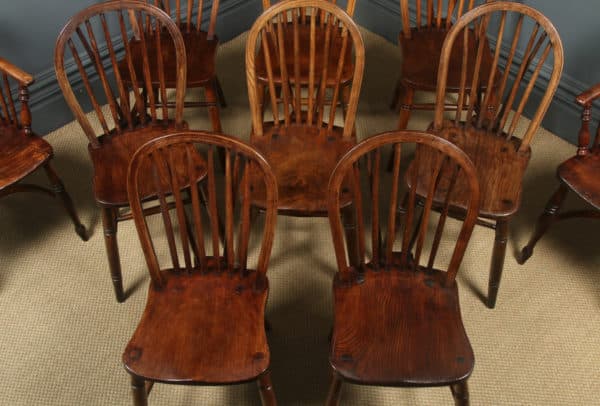 Antique Set of 10 Ten Victorian Ash & Elm Windsor Stick & Hoop Back Kitchen Chairs (Circa 1870 – 1920)